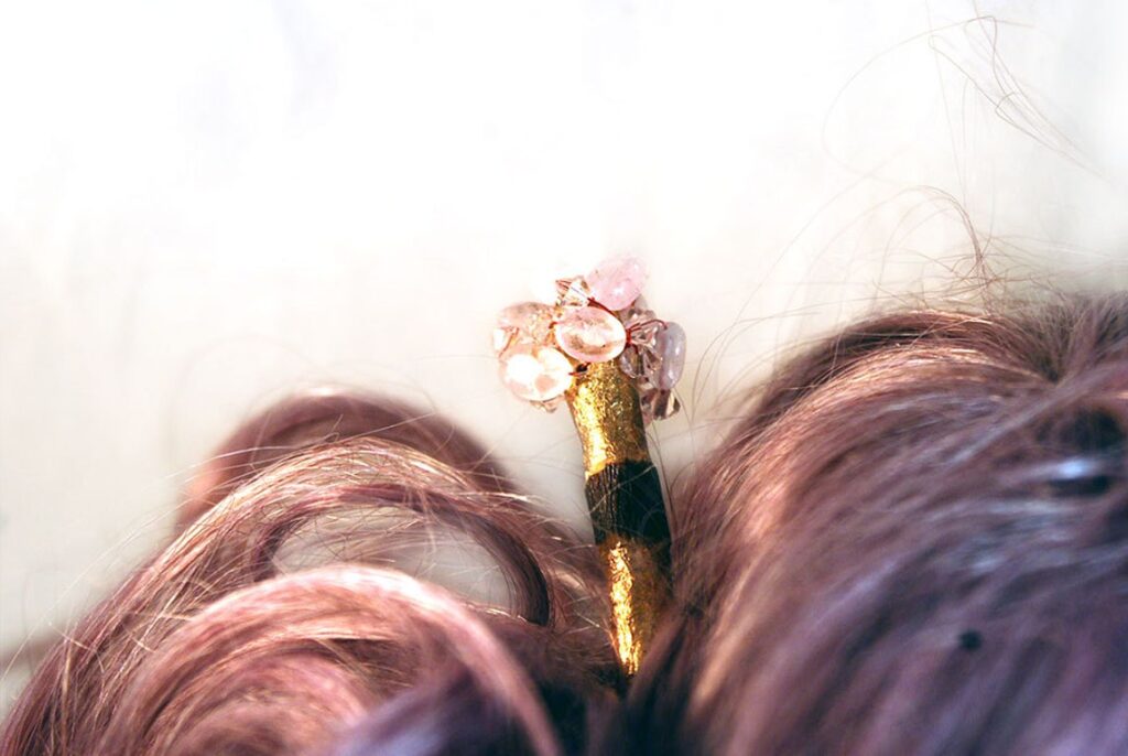 Hair styling with pantone color of the year 2016 Rose Quartz. Applewood and 24k semi precious gemstone rosequartz hair stick by nancy tranter